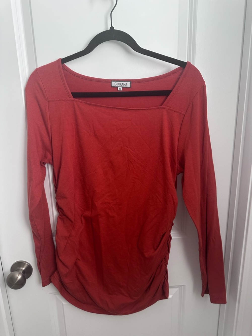 Maternity Rust Long-Sleeve Ruched Scoop Neck Top